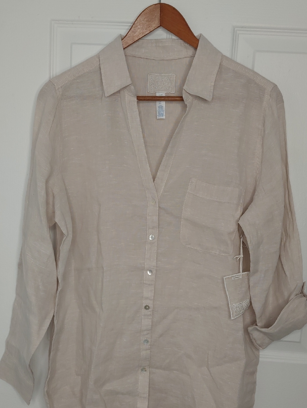 Sigrid Olsen Lightweight Button-Down Shirt - Neutral Cream 100% Linen
